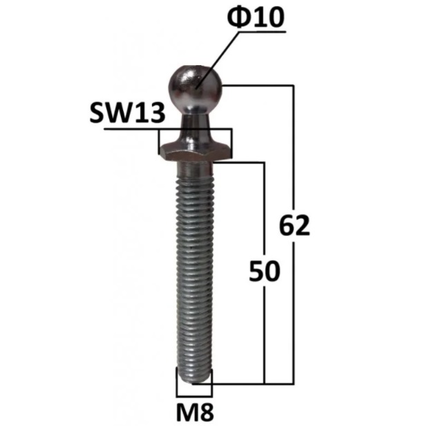 KULIČKOVÝ ČEP PRŮMĚR 10MM DÉLKA ZÁVITU M8 62MM